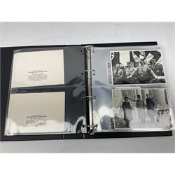 Modern loose leaf album of WW2 German postcards, photographs and other paper ephemera including Adolf Hitler, Luftwaffe, comic, soldier and group portraits, memorial cards, propaganda images, interesting postmarks etc