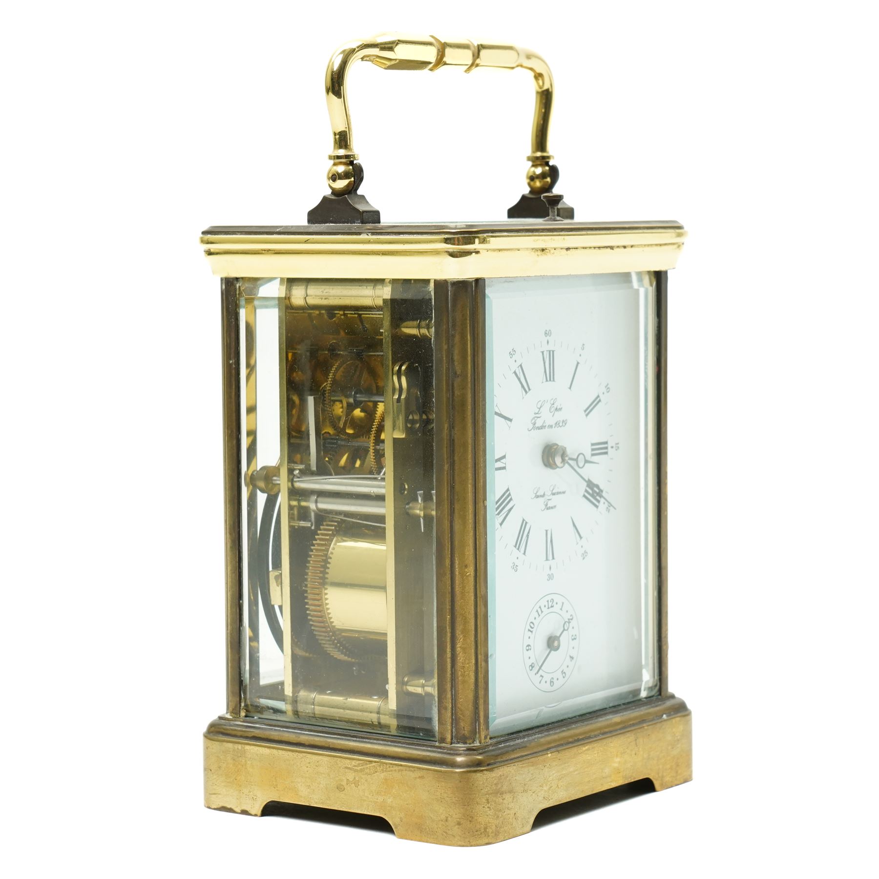 French carriage clock, the white dial inscribed 'L'Epee Fondee en 1839, Sainte Suranne, France,  with repeater movement and alarm in brass and bevelled glass case H13cm