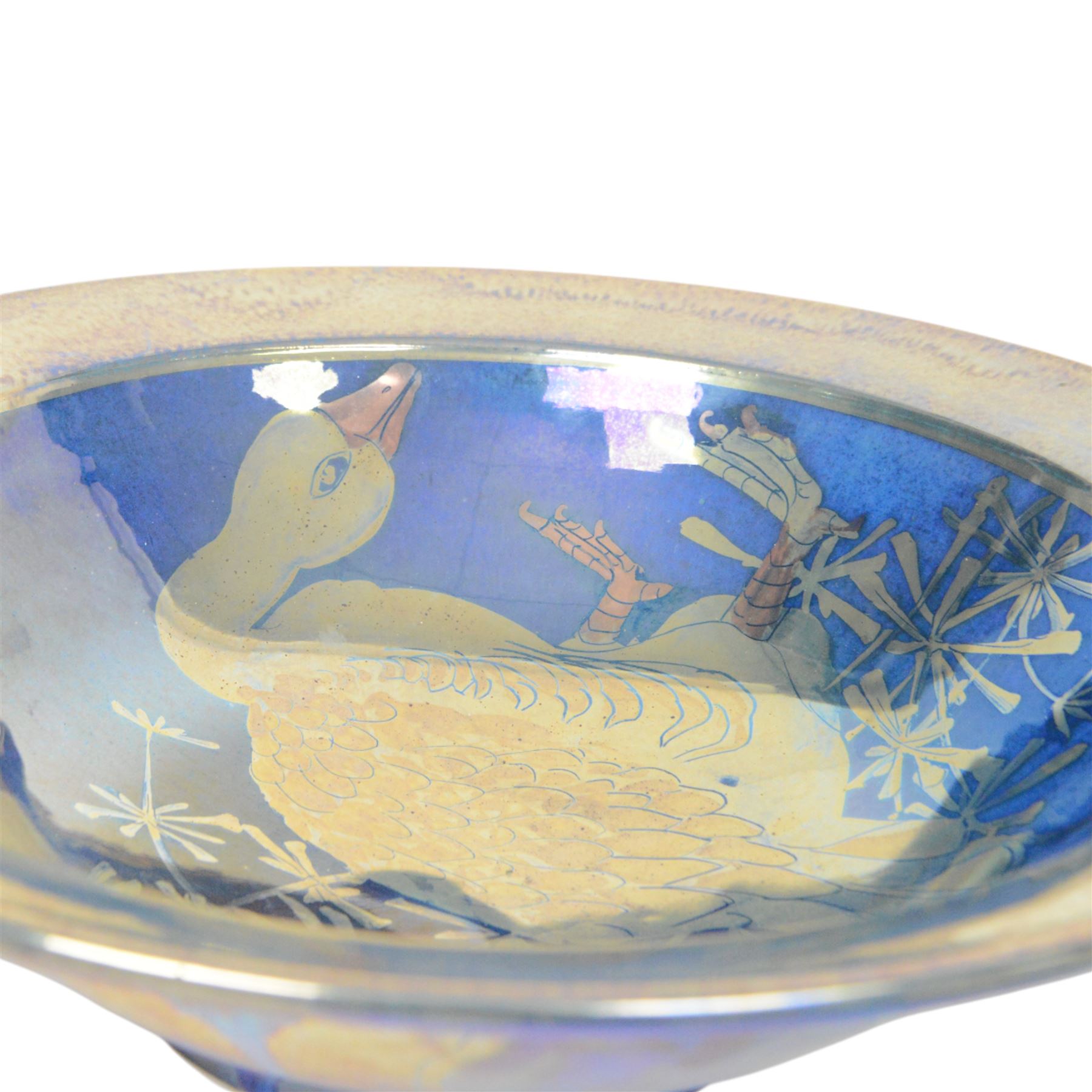 Jonathan Chiswell Jones, studio pottery lustre bowl, circular form, blue ground painted to the centre with a goose amongst foliage, painted mark beneath, D30cm