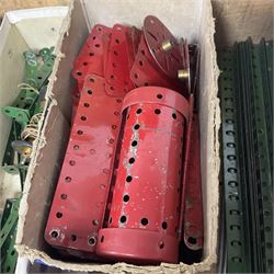 Meccano - quantity of loose sections in red and green; in scratch built wooden box