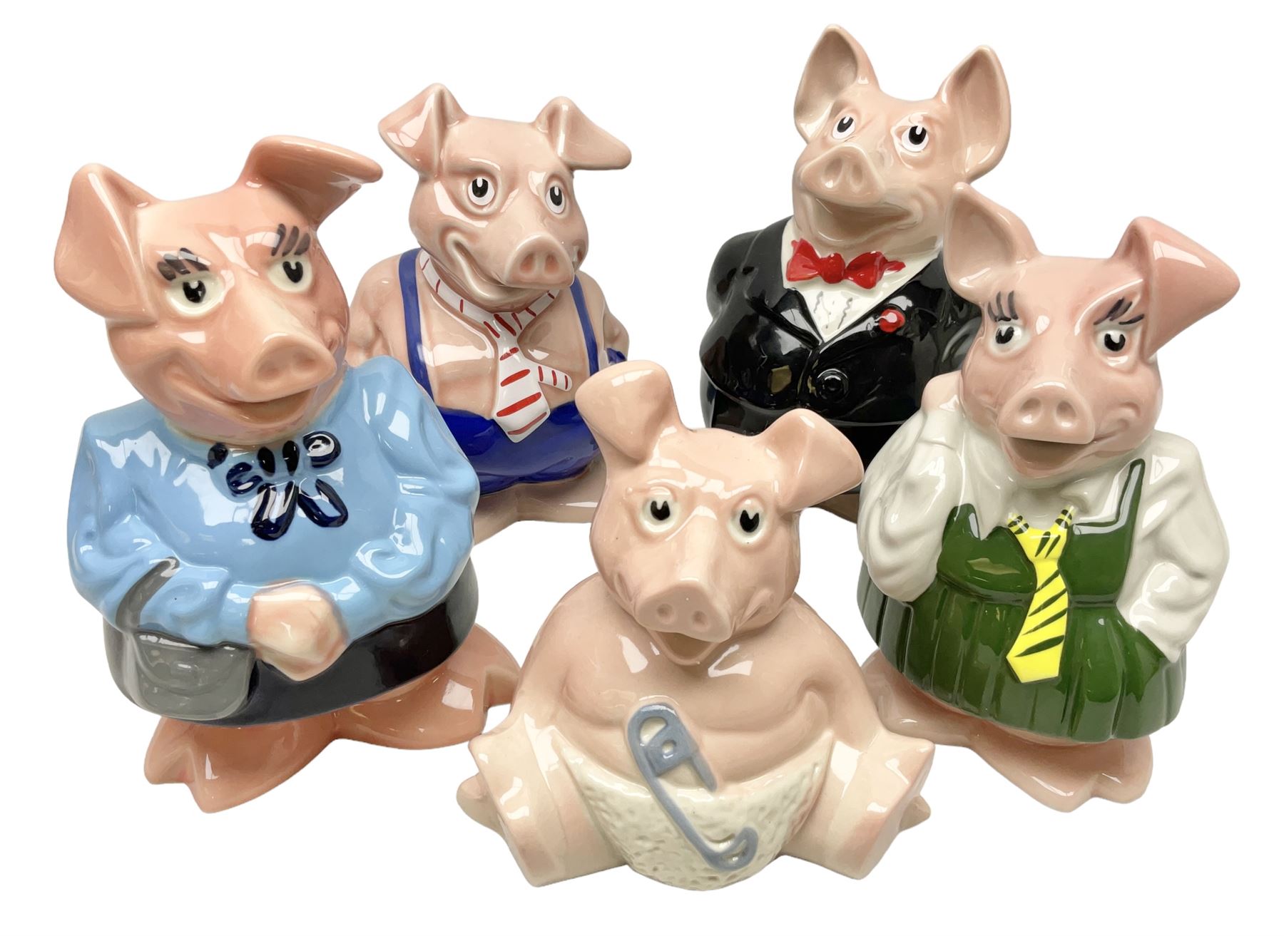 Set of five Wade NatWest money boxes, comprising father, mother, boy, girl and baby, four with original boxes 