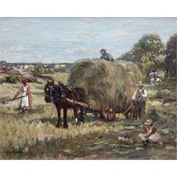 James William Booth (Staithes Group 1867-1953): Harvest Time with Children in the Field, oil on canvas laid on panel signed 30cm x 37cm 
Provenance: exh. Phillips & Sons, The Dower House, Cookham, March '87, label verso