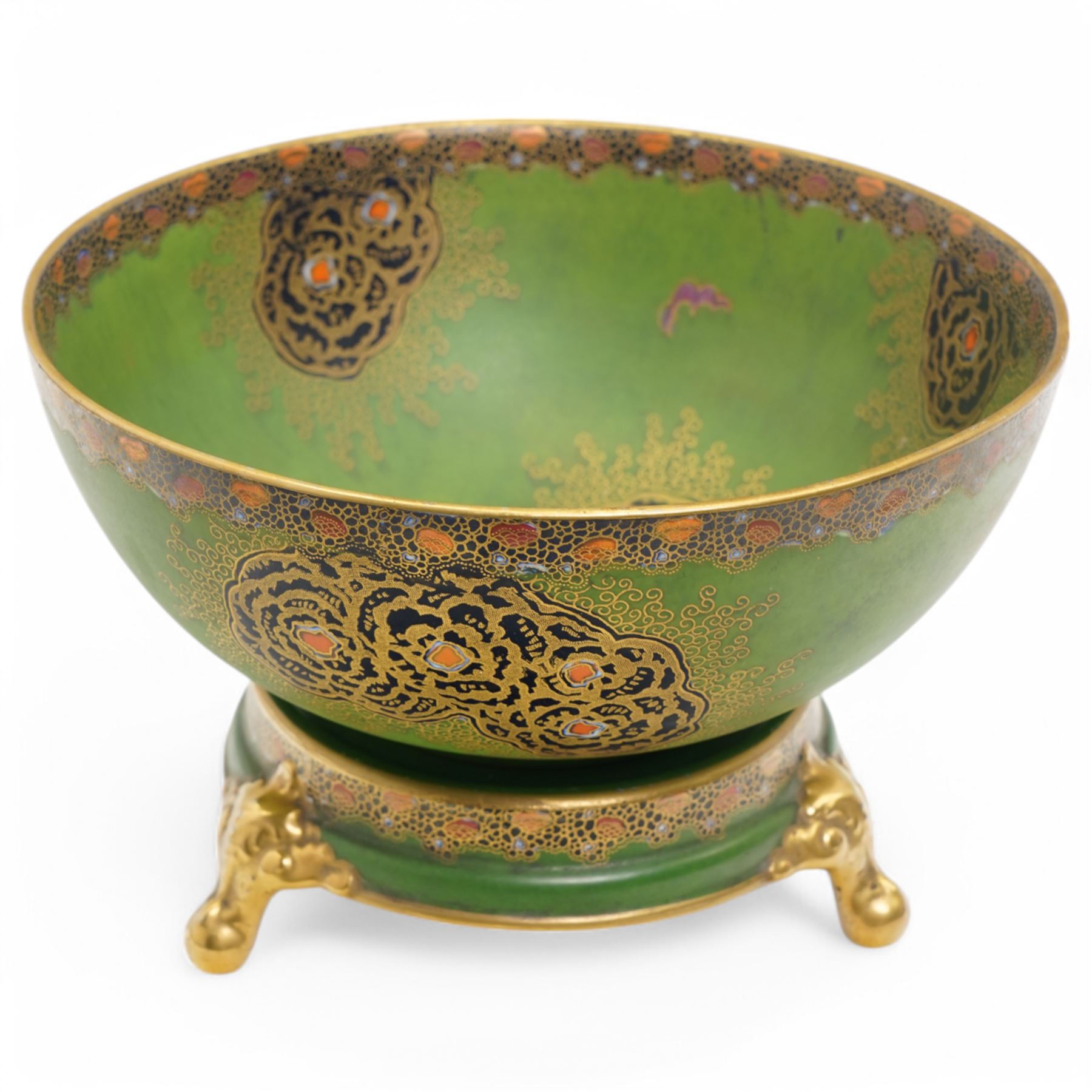 Carlton Ware bowl on stand decorated with Oriental dragon on a green and gilt ground D24cm