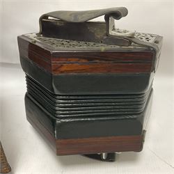 Wheatstone & Co McCann duet system concertina, no 25549, circa 1912, with fifty five metal buttons, hexagonal and chrome plated fretwork ends and six fold bellows, bearing plaque C Wheatstone & Co Inventors, Patentees & Manufacturers 15 West St, Charing X Rd, London; WC, with original case