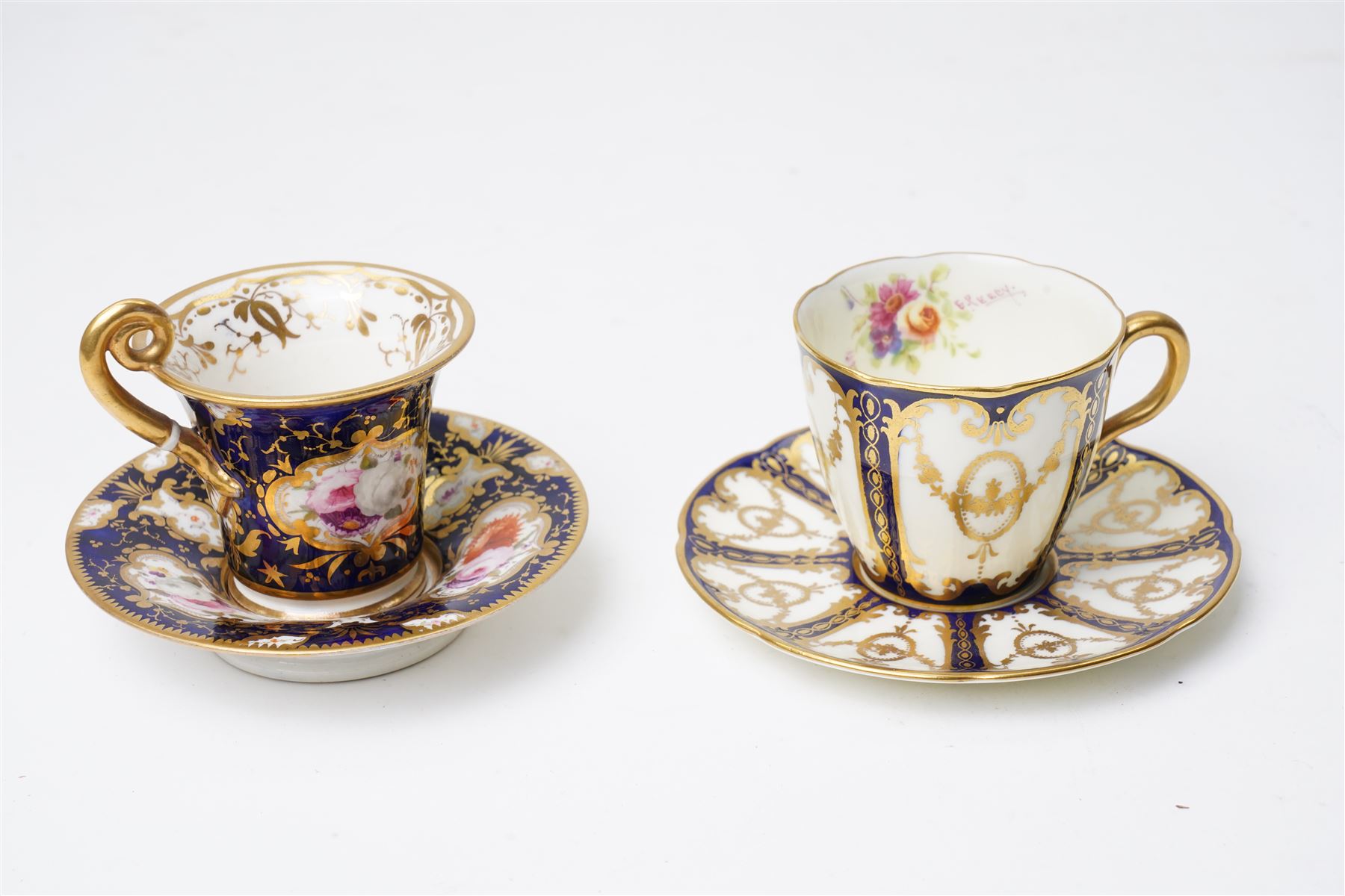 Grainger Lee & Co Worcester teacup, together with a collection of cobalt blue cabinet cups and saucers,  including a Royal Doulton hand-painted example by E Percy, and various others 19th century and later, mostly unmarked (7 pairs)