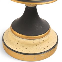 Pair of table lamps, the central column with gilt and and black bands and a foliate boarder, with cream shades, H58cm without shades 