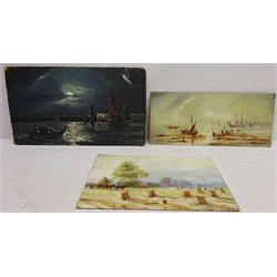  Fishing Boats Coming into Shore, Harvesting Scene and Harbour at Moonlight, three early 20th century oils on board signed by Austin Smith two dated 1914 max 20cm x 24cm (3)  