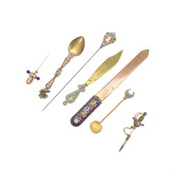 Five micro mosaic paperweights, all decorated with flowers and goldstone, together with other items with micro mosaics 