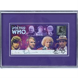 Doctor Who prints and signed memorabilia, including first day cover with signatures of Tom Baker, Peter Davidson, Colin Baker and Sylvester McCoy, signed print of Katy Manning, print of Billy Piper and Christopher Ecclestone with spurious signatures, Tardis print, etc