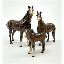 A Beswick figure modelled as a Swish Tail Horse, model no 1182, together with a Beswick brown Welsh cob, model 1793, and a Shire Foal, model no 1053. (3). 