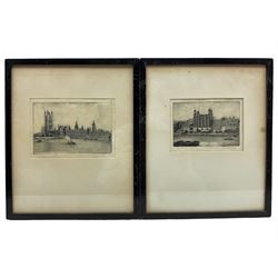 Walter Edwin Law (British 1865-1942): 'The Houses of Parliament' and 'The Tower' of London, pair etchings signed 'Exhibitor RA' and titled in pencil 12cm x 17cm (2)