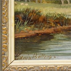 Edwin Buttery (British 1839-1908): Landscapes with Figures along the River Bank, set of three oils on panel signed 12cm x 18cm (3)