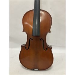 Four violins 1/8th size; half size with Nicolas Bertholini label; three-quarter size with Stradivarius copy label; and full size with Marquis De L'Air label (4)