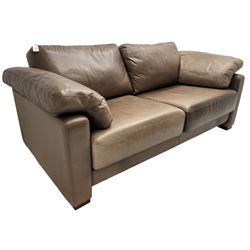 Heals - contemporary two seat 'Palermo' sofa, upholstered in chocolate brown leather, raised on wooden block feet