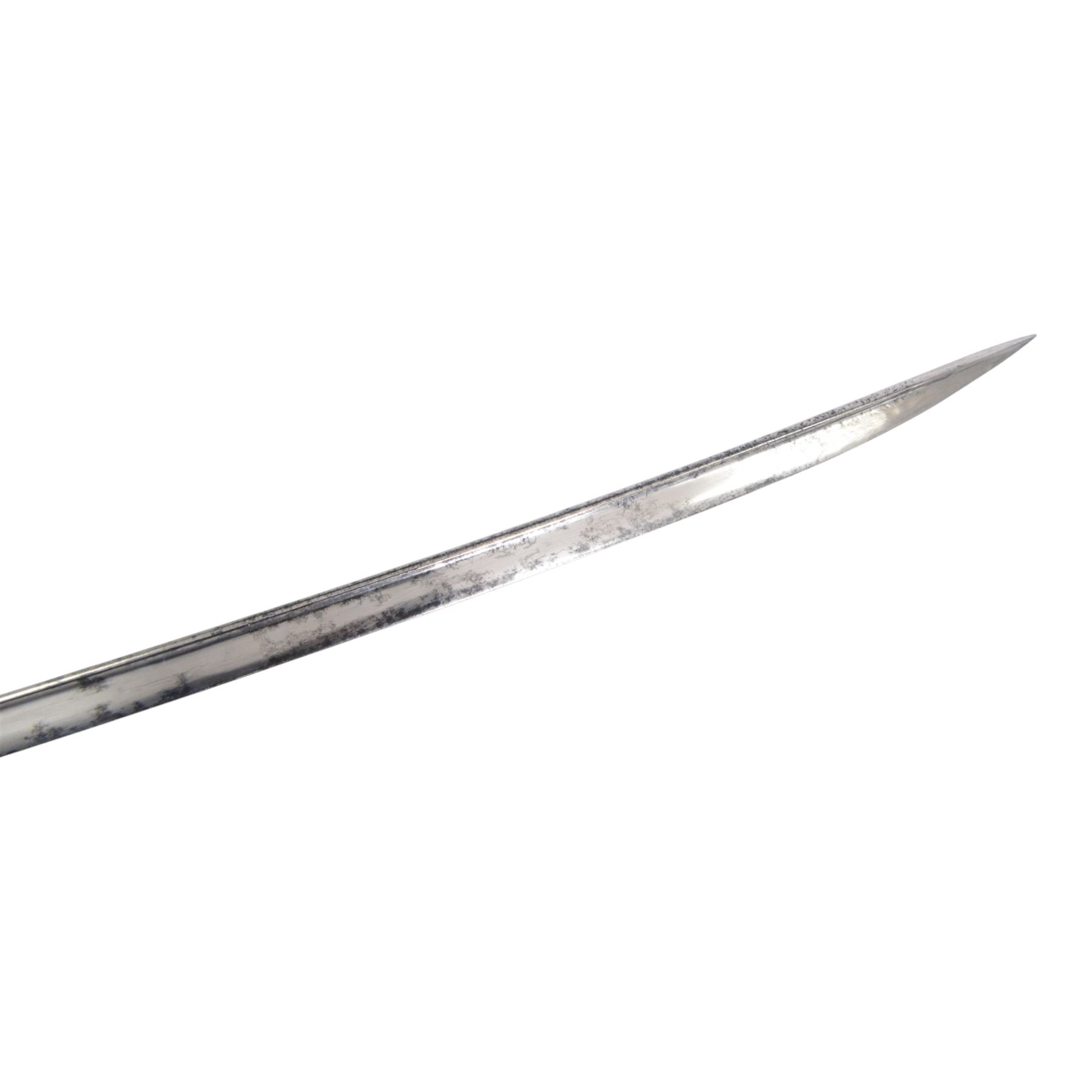 British William IV 1822 pattern Infantry General sword, retailed by John Salter cutler to Horatio Nelson and Prince Augustus Fredrick, Duke of Sussex, the 73cm curved pipe backed blade etched to both sides, with the royal monogram and the owners coat of arms and initials 'GD, brass gothic guard with original gilding, the cartouche of the crossed baton depicting the crossed baton and sword of a general, shagreen covered grip and triple wire binding, the guard complete with leather lining and gilt sword knot, in leather scabbard with three gilt brass mounts, the top mount bearing the cutlers name and address, with twin suspension rings, overall L89cm  