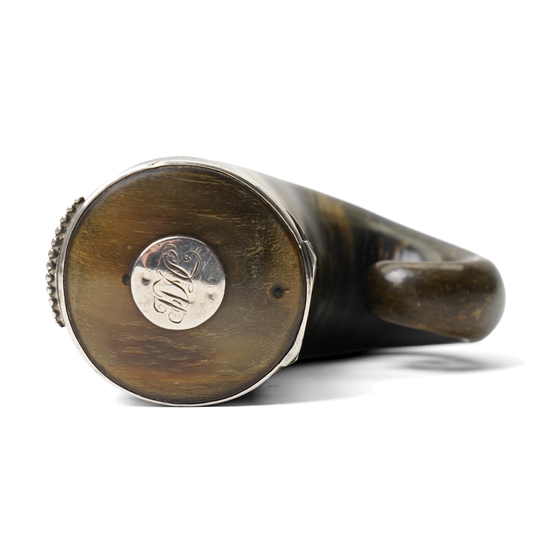 19th century horn snuff mull with silvered mounts and a bronze Nelson intaglio seal 