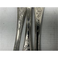 White metal flatware, comprising three table spoons, and ten teaspoons, marked 800, approximate weight 289 grams