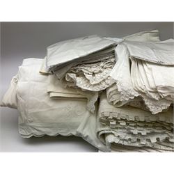 Large quantity of Victorian and later white linen items, to include bedcovers, table covers and clothes, tray cloths, cushion covers, including cutout work, crochet and lace edged, tatting, and embroidered examples.
