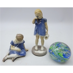 Two Bing & Grondahl figures 'Spilled Milk' no. 2246 and Girl with Doll no. 1526 and glass paperweight (3)  