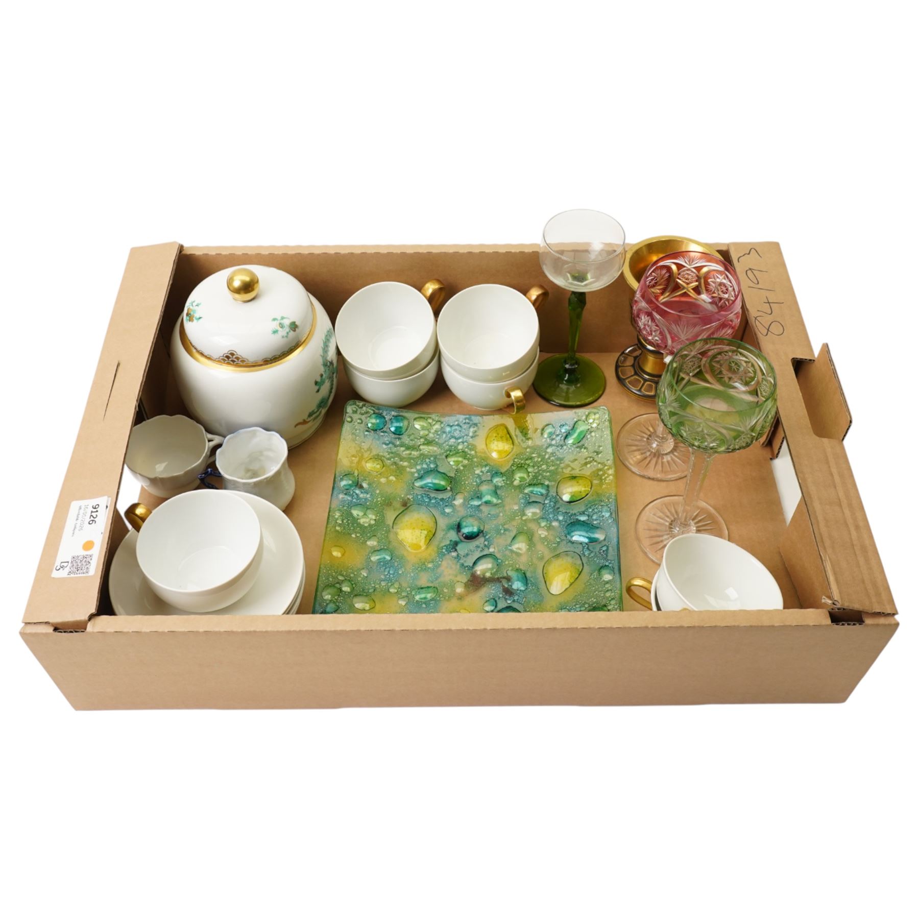 Bohemian black and gilt goblet with other Bohemian glassware, and a collection of continental teawares