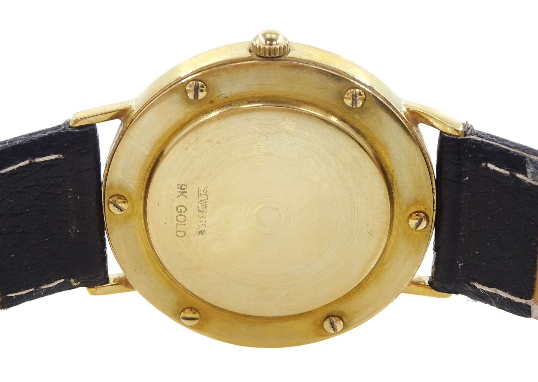 Rotary Elite gentleman's 9ct gold quartz wristwatch, white dial with date aperture, on black leather strap, boxed