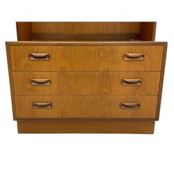 G-Plan teak two sectional modular wall display cabinet, fitted with sliding glass doors, double cupboard and three drawers