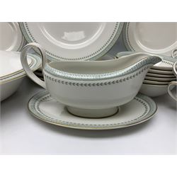 Royal Doulton Berkshire pattern dinner service for six, comprising dinner plates, side plates, dessert plates, bowls, twin handled soup bowls, sauce boat and saucer and covered dish (33)