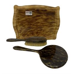 Three piece simulated tortoiseshell dressing table set, comprising mirror, brush and tray