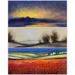 Mike Nance (British Contemporary): 'Hazy Morning' 'Sunset' and 'Poppies', three acrylic on board signed, labelled verso max 24cm x 70cm (3)
