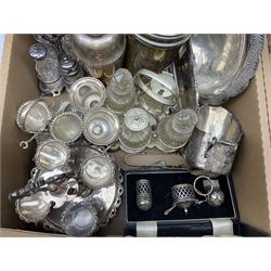 Three boxes of silver plate to include teawares, breakfast set on stand, cruet set, pedestal bowl, twin branch candelabra, other silver plated and other metalware etc