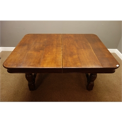  19th century oak telescopic extending dining table, on turned base, with additional leaf, 120cm x 161cm - 222cm, H73cm  
