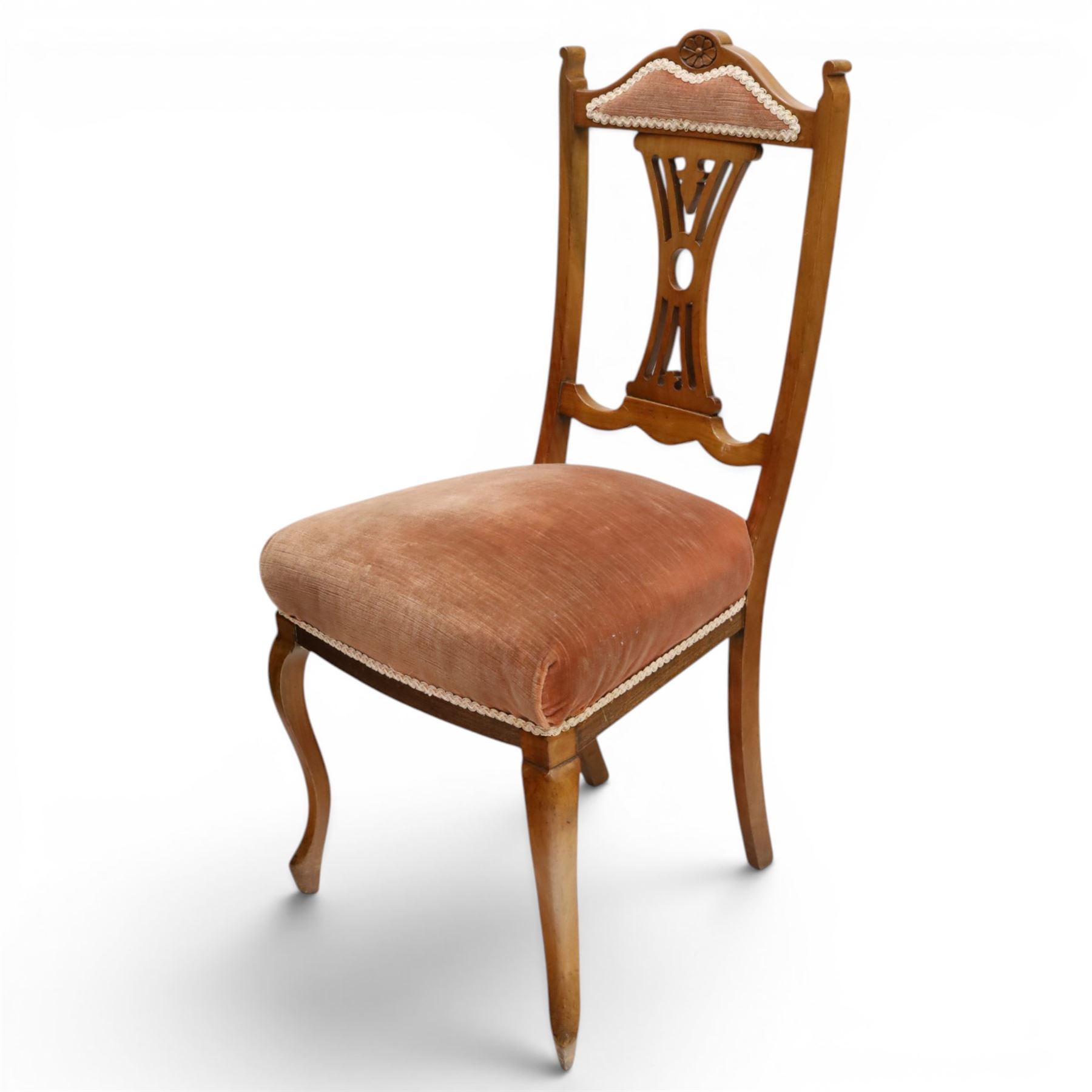Acornman -Set of four early 19th century mahogany dining chairs and two matching chairs by Alan 'Acornman' Grainger, shaped cresting rail with upholstered top above a pierced splat back, overstuffed pink velvet seat, raised on cabriole supports, two with signature carved acorn, by the workshop of Alan Grainger of Brandsby