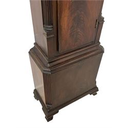 William Vale of Finsbury (London) - late 18th century 8-day mahogany longcase clock, flat topped break-front hood with a break-arch hood door, detached reeded pilasters with wooden capitals, trunk with a blind fret, stopped reeded quarter columns and a long wavy topped door, on a square plinth with canted corners and bracket feet, engraved silver sheet dial with cast brass spandrels, matching steel hands and rolling moon to the arch, with an engraved seconds dial, Roman numerals, five minute Arabics, minute markers and matching steel hands, three train, quarter chiming  movement on six bells with a recoil anchor escapement. With pendulum and weights.

This item has been registered for sale under Section 10 of the APHA Ivory Act