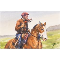 Diego Ferrer (Argentinian Contemporary): Gauchos on Horseback, set of three watercolours signed and variously dated, each approx. 22.5cm x 14.5cm (3) (one unframed)