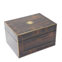 Victorian coromandel vanity box, revealing fully fitted interior with partial en suite vanity set, leather document pocket, the concealed draw accessed by pin mechanism, H18.5cm x W31.5cm x 23cm 