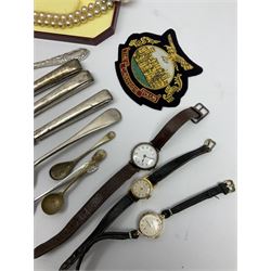Assorted items, to include three silver handled knifes, group of mother of pearl fruit knives, small selection of silver plated flatware, boxed faux pearl necklaces, silver pin titled The Carnegie Club, badge titled the Carnegie Club and buttons also inscribed, etc., in one box 