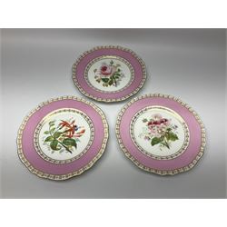 Victorian Copeland, Botanical dessert service, decorated with floral sprigs to the centre with a pink and gilt border, comprising five comports and seven plates, largest comport H20cm, plate D22cm