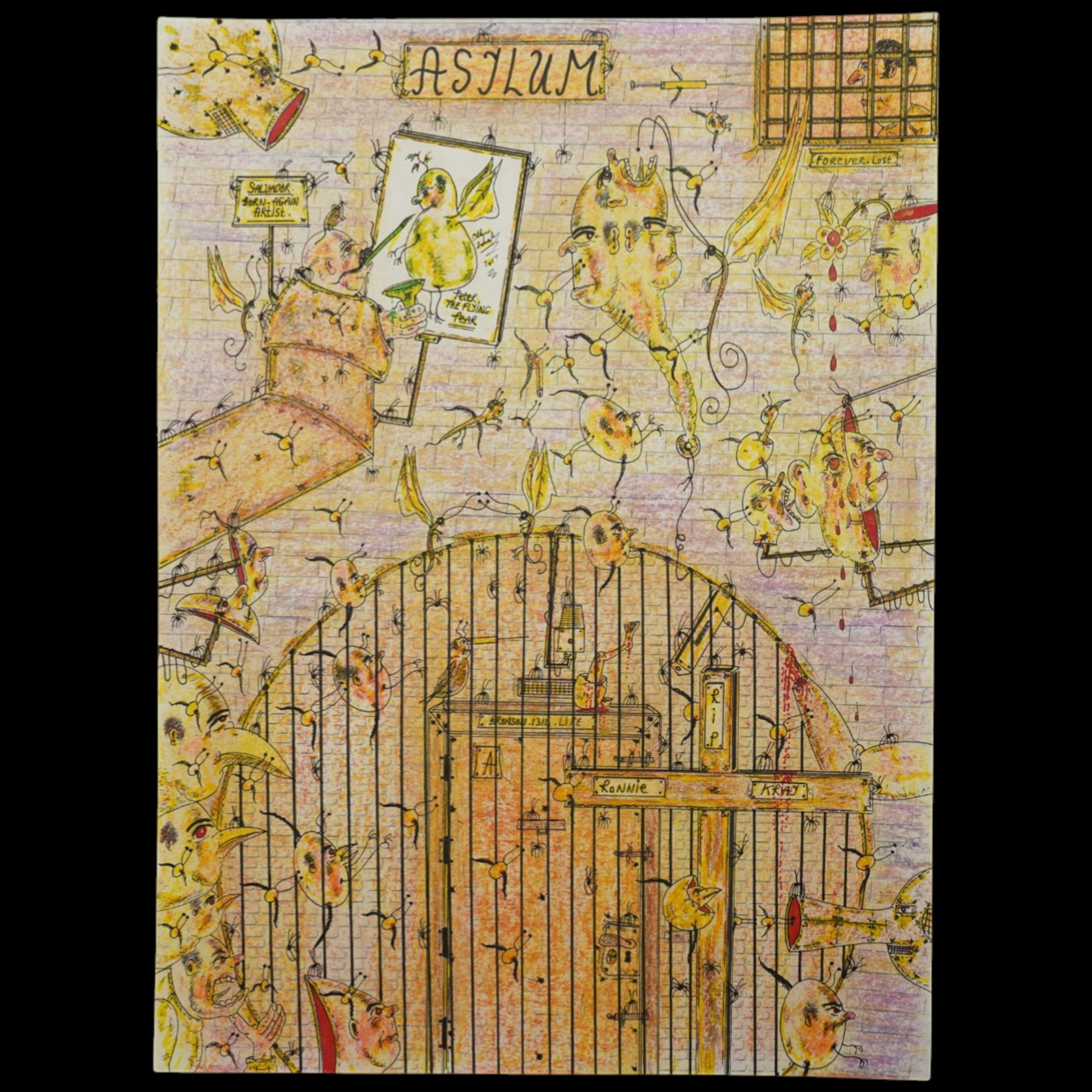 Charles Bronson (Charles Arthur Salvador) (British 1952-): A comprehensive collection of five hundred mixed media works executed between 2000 and 2025. Produced during the artist’s long-term incarceration, the works are primarily in ink, coloured pencil and mixed media on paper. The collection includes multiple formats: A5 (15 works), A4 (308 works), A3 (164 works) and A2 (13 works). Some are signed and dated; a number are executed on the reverse of official prison documents and other repurposed materials, reflecting the limited availability of art materials within the prison environment. This collection represents the largest body of the artist’s work to be offered as a single lot and has not previously been available on the market. (500) (unframed)

Notes: Dated examples span the period from 2000 to 2025, with the greatest concentration produced between 2012 and 2019 and including a group of recent large-scale works from the final years of the period; approximately twenty percent are undated.