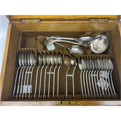Mappin & Webb silver plated canteen of cutlery, the oak case with hinged lid two two removable trays, and sunken brass handles, H19cm, L52cm