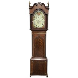 Nathaniel Dumville of Stockport - 8-day brass inlaid mahogany longcase clock c1840, swans neck pediment with ball and spire finials and wooden paterae, recessed break arch hood door flanked by rope twist pilasters, trunk with conforming pilasters and gothic ogee topped door, canted plinth raised on bracket feet, fully painted break arch dial with moon work and spandrels depicting the four seasons, centre with Roman numerals, minute track, subsidiary date and seconds dials, matching stamped brass hands, four pillar movement with an anchor escapement, rack striking on a bell. With weights and pendulum.
The Dumville family were prevalent Cheshire clockmakers working in Stockport 1820-42.
