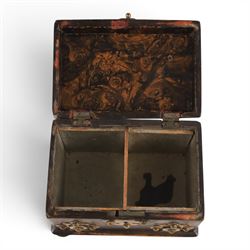 19th century tea caddy, with enhanced woodgrain design,  with brass and mother of pearl mounts, H13cm, L16cm