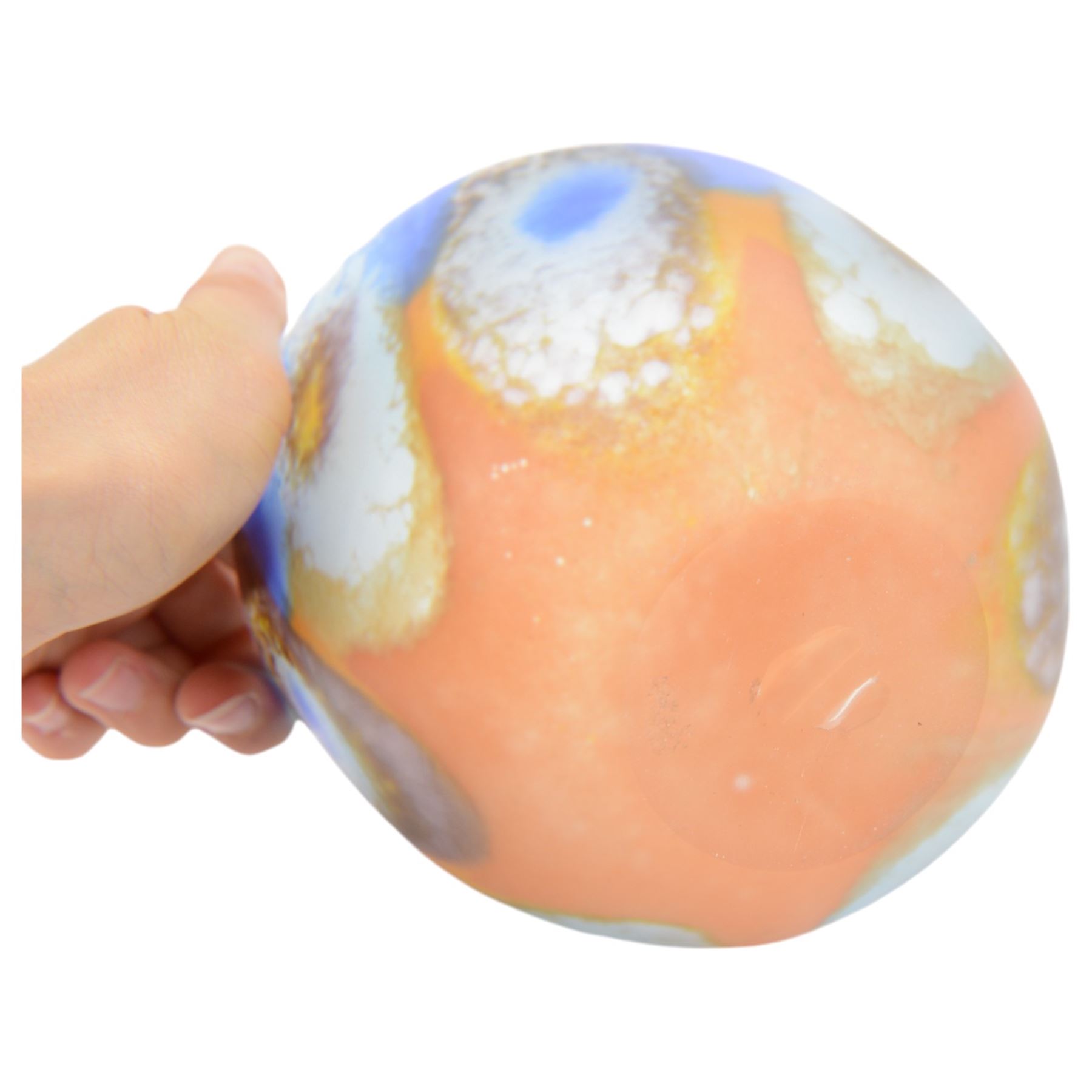 Pauline Solven, studio glass bowl decorated with abstract circular pattern upon blue and orange grounds, H11cm, D15cm 