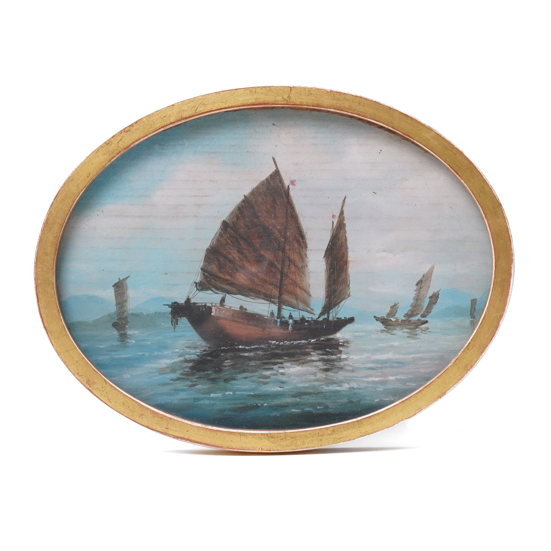 Small  oval oil painting of Chinese junks in gilt frame 14cm x 19cm