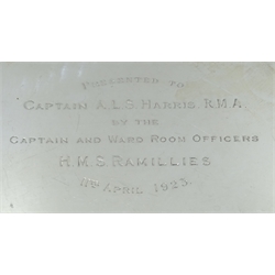  Naval interest - Silver salver by Edward Barnard & Sons Ltd Birmingham 1921 'Presented to Captain A.L.S. Harris R.M.A. by the Captain and Ward Room Officers H.M.S. Ramillies 11th April 1923', approx 28oz  