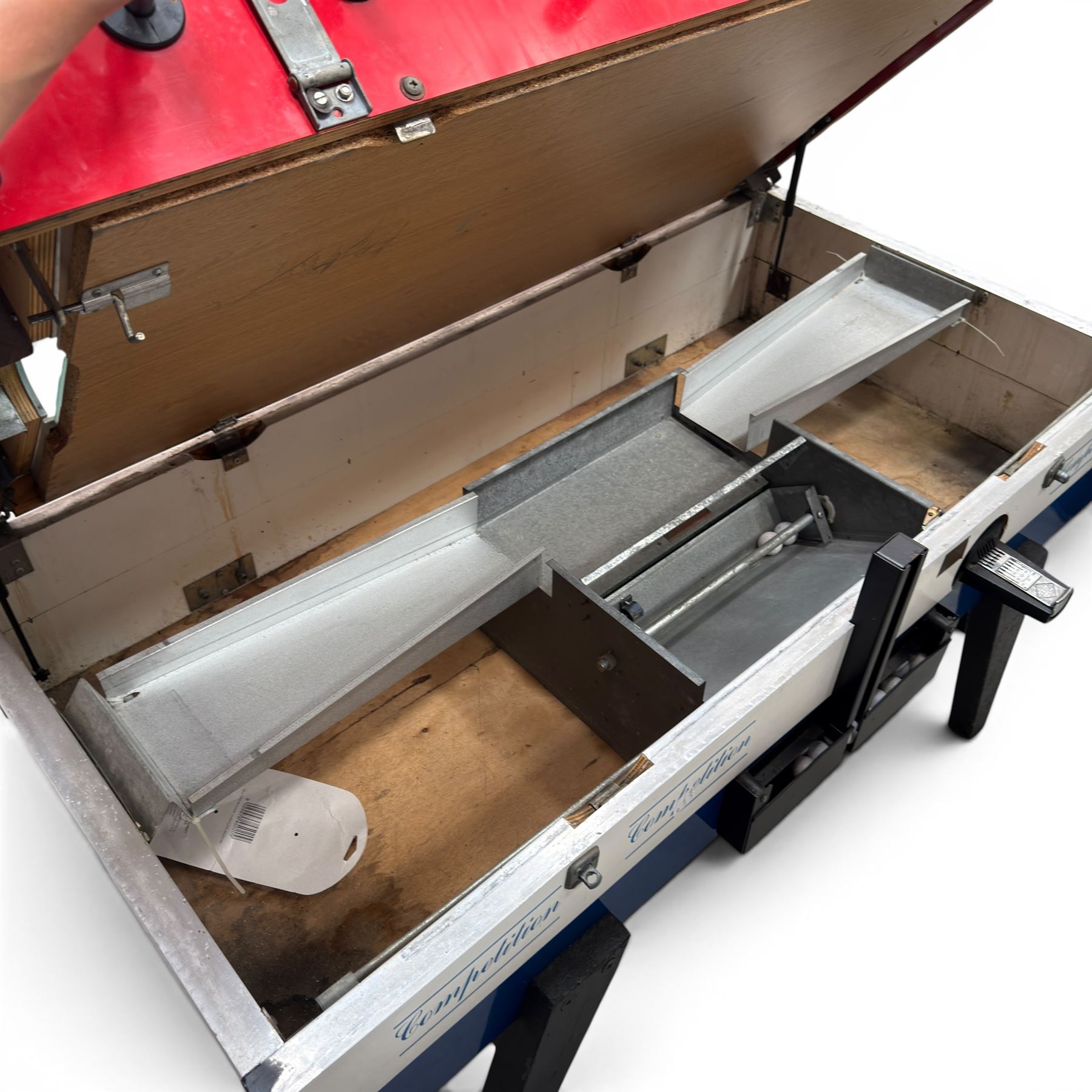Garlando - vintage coin operated table football, tempered glass top, in red blue and white painted finish with 'Competition'  stencils, complete with ashtrays and score-trackers