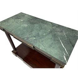 Late 19th century mahogany console or pier table, rectangular green marble top over a break-front frieze inlaid with brass scroll work panels, reed and ribbon gilt metal and wooden beaded applied mouldings, on turned and fluted front supports, plain mirror back over plinth platform base