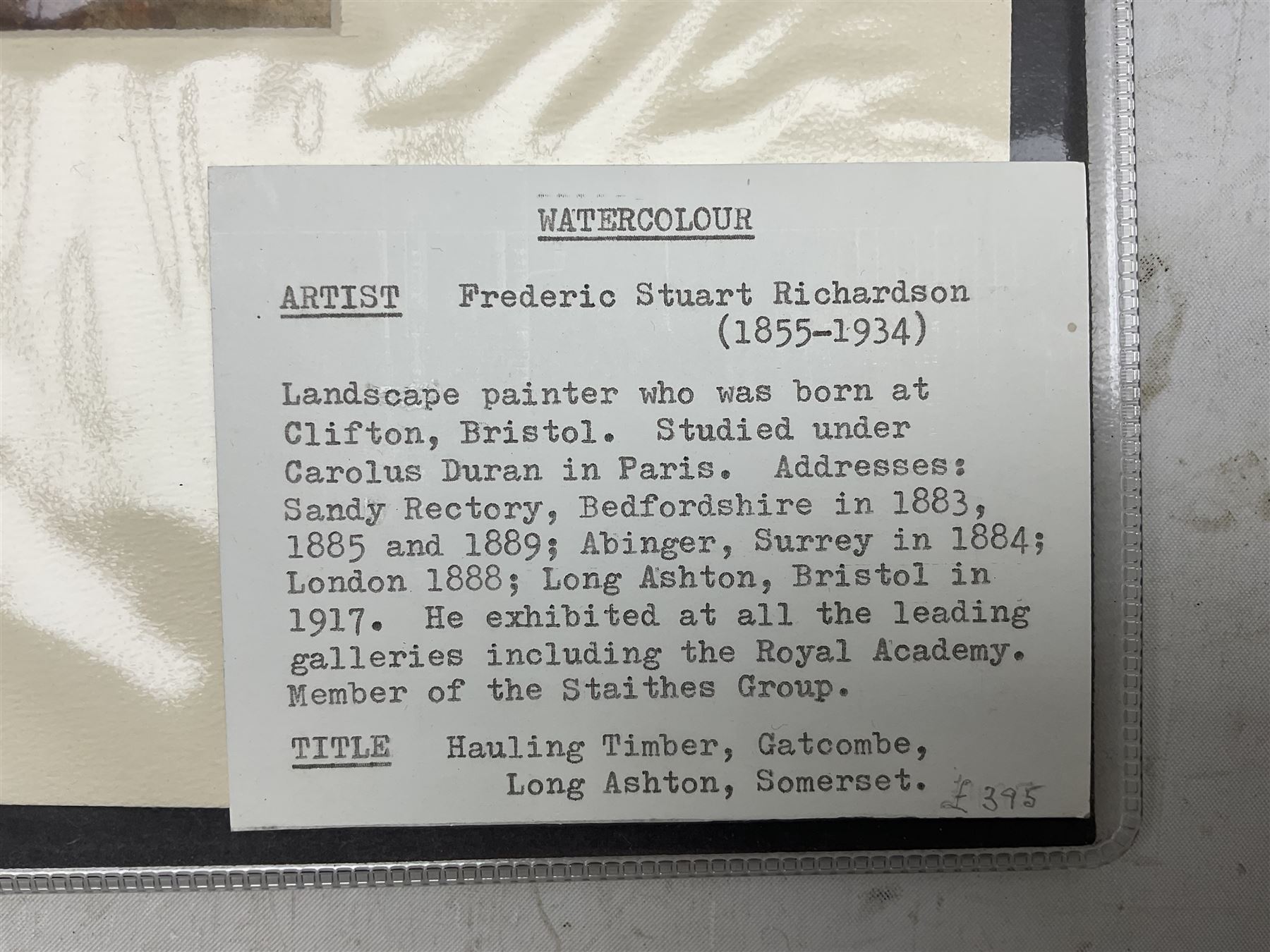 Frederic Stuart Richardson (Staithes Group 1855-1934): 'Hauling Timber above Gatcombe - Long Ashton' Somerset, set three watercolours signed in the margin, titled verso 21cm x 29cm (3) (mounted)