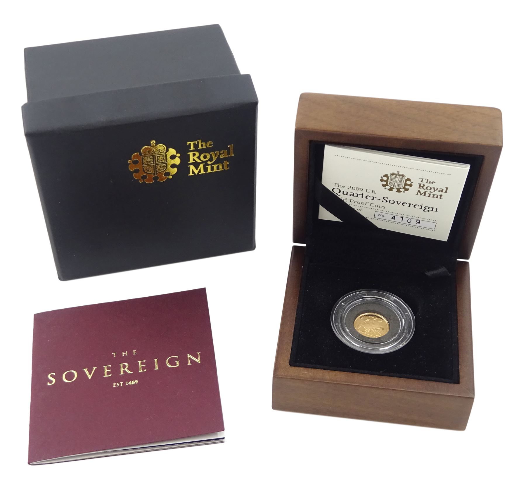 Queen Elizabeth II 2009 gold proof quarter sovereign coin, cased with certificate