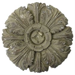 After the Antique - Three relief moulded plaster panels with figures, flowers etc., largest 20cm x 52cm and two ceiling bosses larger 33cm 