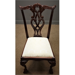 Set eight (6+2) Chippendale mahogany dining chairs with carved fret work back splats and drop in upholstered seat  